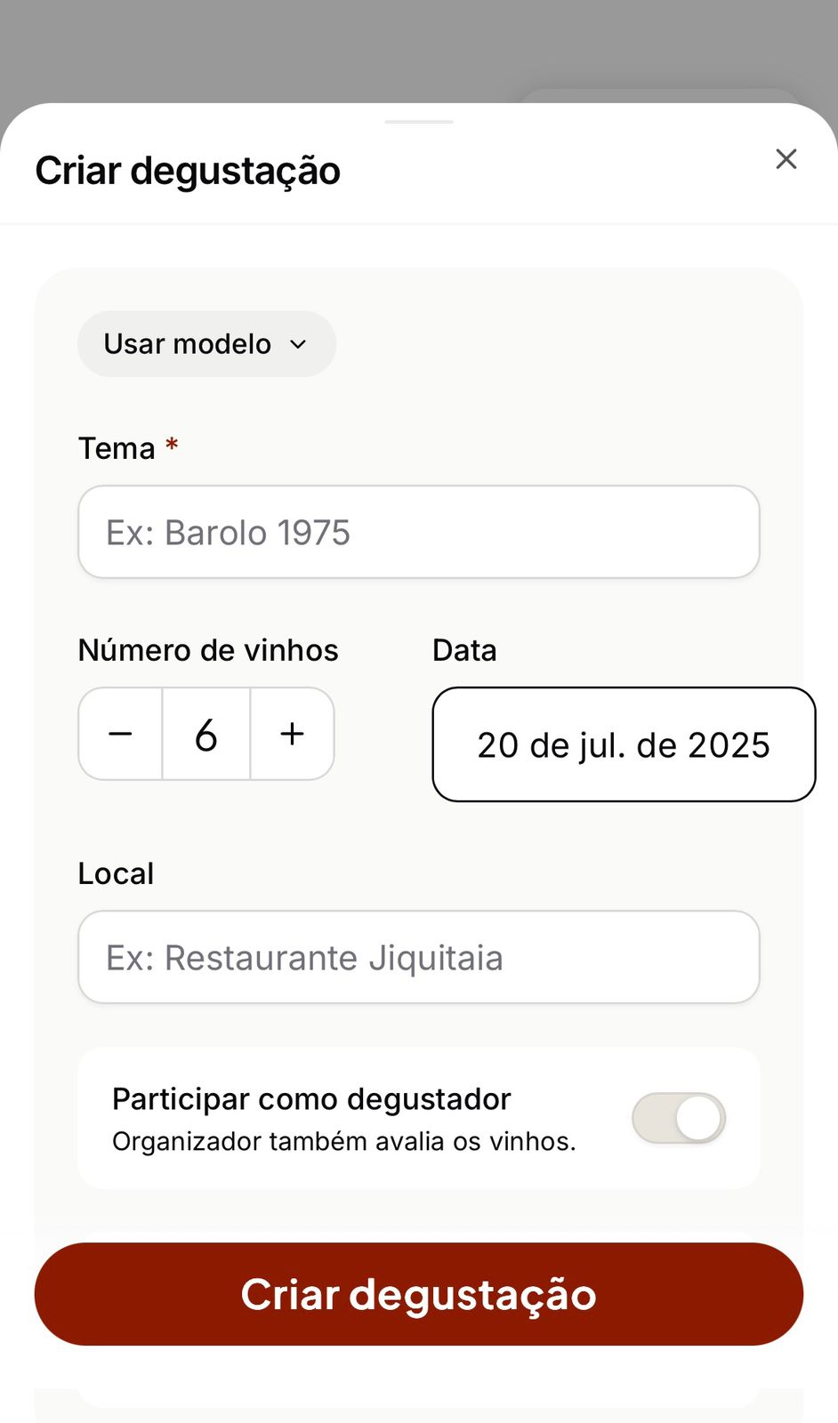Tela de criação de degustação no BlindRank